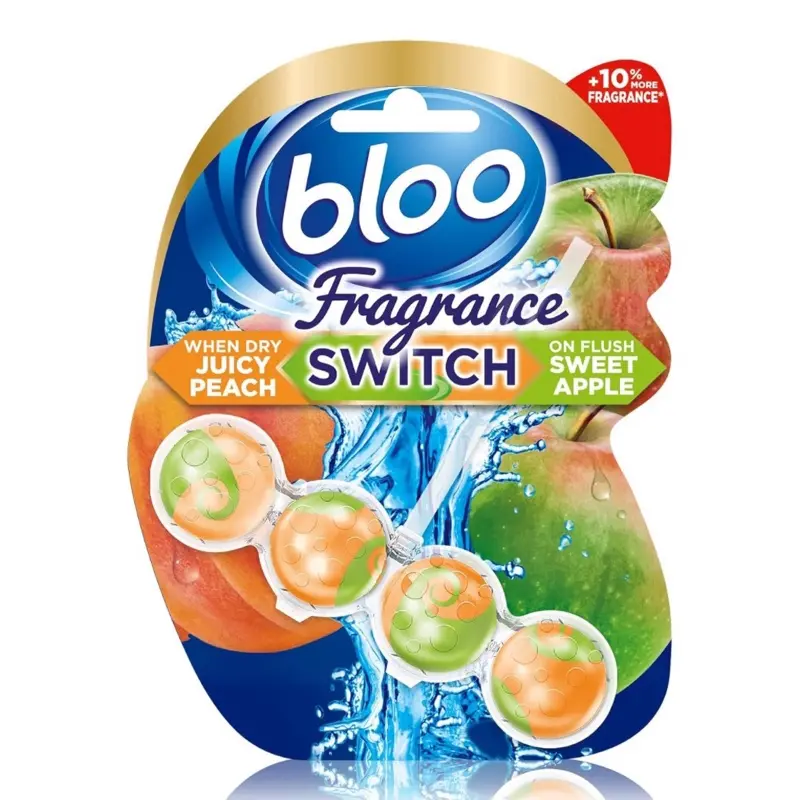 Bloo Fragrance Switch Toilet Rim Block. It is designed to clip onto the rim of a toilet bowl and release fragrance with each flush.