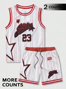 Two-Piece Set Men's Letter Print Basketball Jersey & Shorts Set, Regular Fit Casual Basketball Sleeveless V Neck Top & Shorts, Summer Clothes Set for Men, Athletic Training Apparel