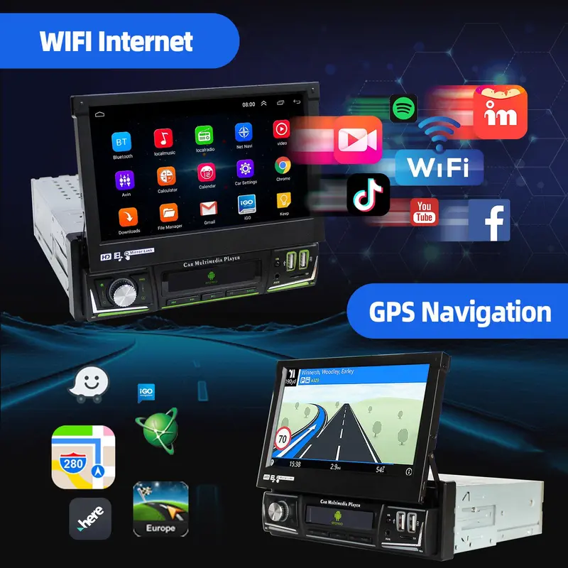 ESSGOO Single 1 DIN 7 Inch Flip Out Screen Android 13 Auto Car Stereo Radio Apple Carplay GPS Navigation Wifi FM RDS Bluetooth 2