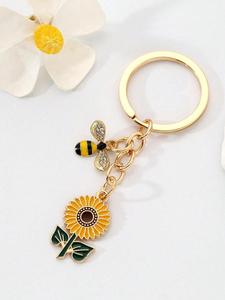 Cute Bee & Sunflower Design Keychain, 2024 New Style Creative Oil Drip Zinc Alloy Key Ring, Backpack Ornament, Universal Car/Bag Decoration, Gift for Friends