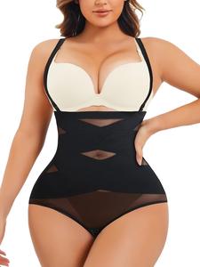 Women's Contrast Mesh Sheer High Waist Shapewear Bottom with Detachable Shoulder Straps, Tummy Control Compression Shapewear, High Stretch Seamless Shaper for Daily Wear
