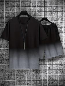 Men's Plus Size Two-Piece Set Ombre Print Pants Set, Casual Cozy Breathable Two Piece Outfits For Daily Workout Running, Men's Summer Clothes