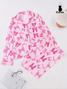 【Plus Size】 Two-Piece Set Animal Print Contrast Binding Pyjama Set, Casual Comfy Lapel Neck Pocket Shirt & Elastic Waist Pants PJ Set, Women's Plus Sleepwear for Spring & Fall, Pajama Set