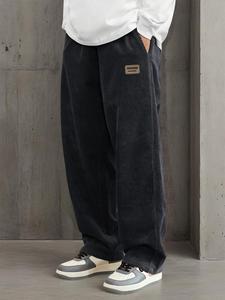 Men's Letter Patched Drawstring Waist Corduroy Pants, Loose Casual Comfy Pocket Trousers for Fall & Winter, Men's Bottoms for Daily Wear