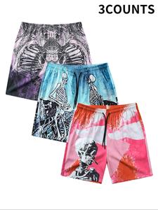 Men's Colorblock Skeleton Print Drawstring Waist Beach Shorts, Regular Fit Casual Comfortable Breathable Fashionable Pocket Shorts, Men's All-Match Bottoms for Summer