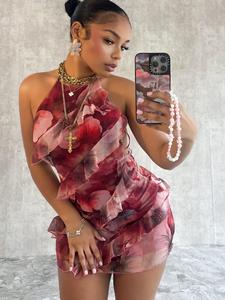 Women's Floral Print Tie Backless Halter Dress, Fashion Casual Sleeveless Short Dress for Daily Outdoor Wear, Ladies Dress for Summer