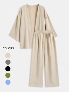 Women's Kimono Sleeve Blouse & Elastic Waist Pants Set, Casual Long Sleeve Top & Trousers Sets, Women's Co-ord Sets for Spring & Fall