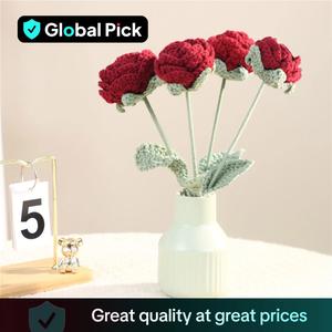 Handmade Knitted Rose, Artificial Rose Faux Flowers, Decorative Desk Plant, Home Decorative Flower Without Vase, Fake Flowers, Roses Crochet Flower Bouquet, Woven Crochet Bouquet