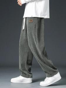 Men's Letter Drawstring Waist Corduroy Pants, Loose Casual Pocket Trousers for Fall & Winter, Men's Bottoms for Daily Wear