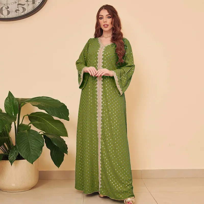 Muslim Abaya Gold Embossed Simple Lace Slim Fit Dubai Women's Dress 1