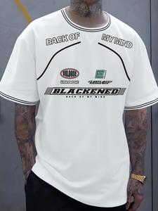 Men's Letter Print Short Sleeve Graphic Tee, Loose Casual Racing Print T-shirt for Summer, Men's Top for Daily Wear