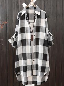 Plus Size Plaid Print Button Front  Long Sleeve Shirt, Casual Fashion Oversized High Low Roll Up Sleeve Top for Spring & Fall, Clothes for Women, Women's Breathable Clothes for Daily Wear