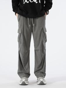 Men's Solid Color Corduroy Pocket Drawstring Waist Cargo Pants, Loose Casual Comfy Trousers for Fall & Winter, Men's Bottoms for Daily Wear