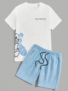 Two-Piece Set Men's Cartoon Bear & Letter Print Short Sleeve Tee & Shorts Set, Regular Fit Casual Round Neck T-shirt & Track Shorts, Summer Clothes Set for Men