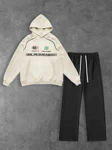 Men's Letter Print Hoodie & Pants Two-Piece Set, Casual Loose Long Sleeve Hooded Sweatshirt & Trousers for Fall & Winter, Men's Two-Piece Outfits for Daily Wear