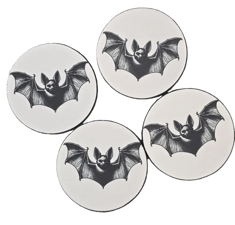 Assorted sets of 4 gothic designed coasters rose skulls design, witches cat design, grim reaper design and fly bats design 2
