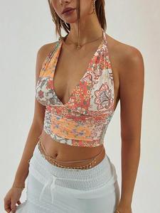 Women's Floral Print Halter Neck Top, Boho Sleeveless Cropped Top for Summer, Boho Bohemian Sleeveless, Women's Clothing for Beach Holiday Vacation, Boho Sleeveless Tie Back Womenswear