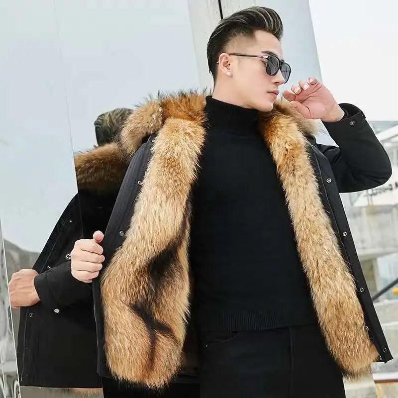 HANZANGL Men's Fur Coat 2022 Winter High Quality Fashion With Fur Hooded Lined Thick Warm Parkas Outerwear Mid-length With Long Menswear Jackets Clothing Casual Fabric Sleeve Zipper Collar Layer Relaxed Fit Stylish Tops 5