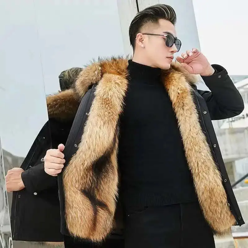 HANZANGL Men's Fur Coat 2022 Winter High Quality Fashion With Fur Hooded Lined Thick Warm Parkas Outerwear Mid-length With Long Menswear Jackets Clothing Casual Fabric Sleeve Zipper Collar Layer Relaxed Fit Stylish Tops 5