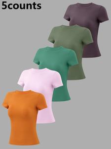 5 Counts Women's Patchwork High Elastic Soft and Comfortable Round Neck Flat Shoulder Short Sleeve Yoga Clothes Four Seasons Outdoor Running Cycling Mountain Walking Shopping Home Fashion T-shirt  Gym sports training versatile short sleeve