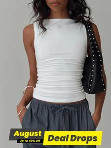 Women's Plain Ruched Tank Top, Casual Sleeveless Top for Daily Wear, Curvy Ladies Clothes for All Seasons, Boat Neck Top, Vest, Crop Tops, Casual Fitted Sleeveless, Womenswear, White
