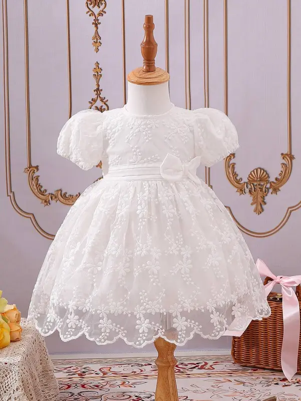 Baby Girl Sweet Embroidered Mesh Dress With Bowknot Decoration And Bubble Sleeves, Summer 0