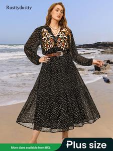 【Plus Size】 Floral Embroidery Tassel Ruffle Hem Dress, Boho All Over Print Notched Neck Long Sleeve A Line Dress, Dresses for Women, Holiday Dresses, Summer Outfits 2024, Ladies Dresses, Women's Clothes, Dresses for Women, Belleza Fits