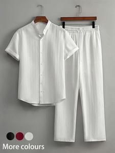 Two-piece Set Men's Solid Color Button Front Shirt & Pants, Regular Fit Casual Short Sleeve Plain Collared Top & Trousers for Summer, Men's Clothes for Daily Wear, Menswear, Casual Outfit Set