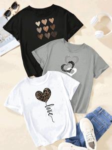 Women's Heart Print Short Sleeve Tee, Casual Round Neck T-shirt for Daily Wear, Ladies Clothes for All Seasons, Gym Workout  Top