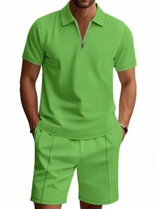 Men's Solid Zipper Polo Shirt & Drawstring Waist Shorts Two-piece Set, Casual Short Sleeve Top & Pocket Shorts, Men's Shortsleeve Summer Outfits