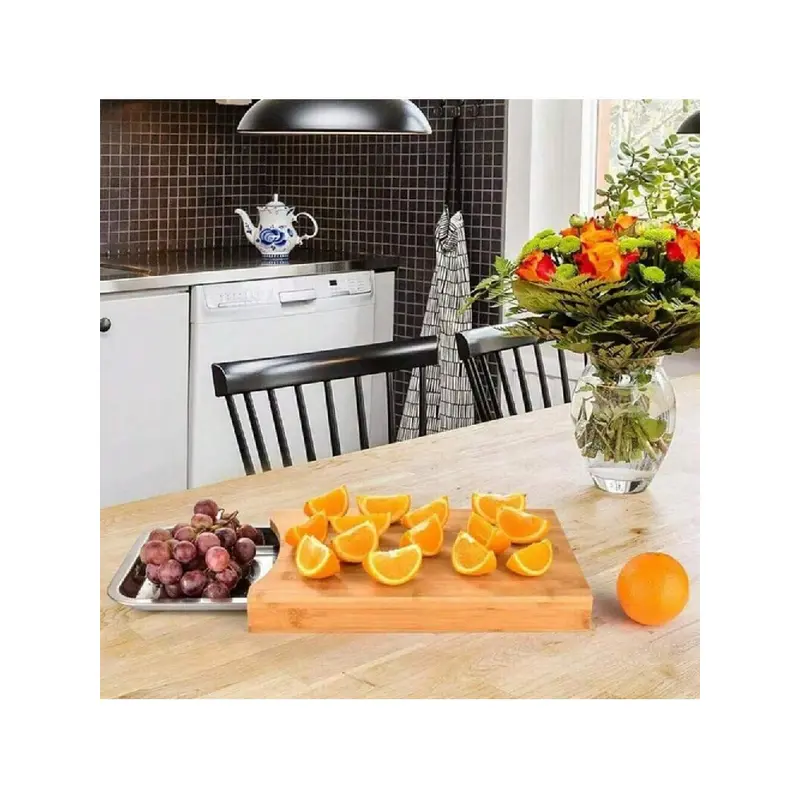 Kitchen artifact! Bamboo cutting board with stainless steel tray, mildew-proof cutting board + sliding juice tray, two-in-one design Chopping Knives 1Pcs 1