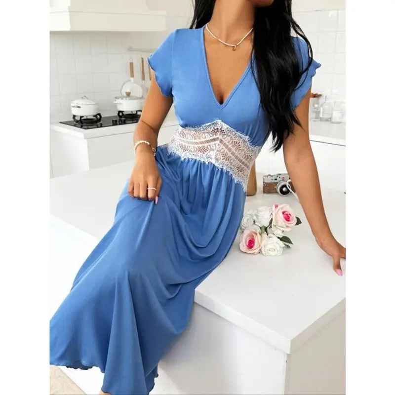 Women's Plain Contrast Lace Sheer Butterfly Sleeve Nightdress, Elegant Lettuce Trim V Neck Cap Sleeve Nightgown, Soft Comfy Sleepwear for Women 2