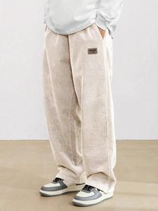 Men's Loose-Fitting Solid Color Letter Patched Drawstring Waist Corduroy Pants, Casual Comfy Pocket Straight Leg Trousers for Fall & Winter, Men's All-Match Bottoms for Daily Wear
