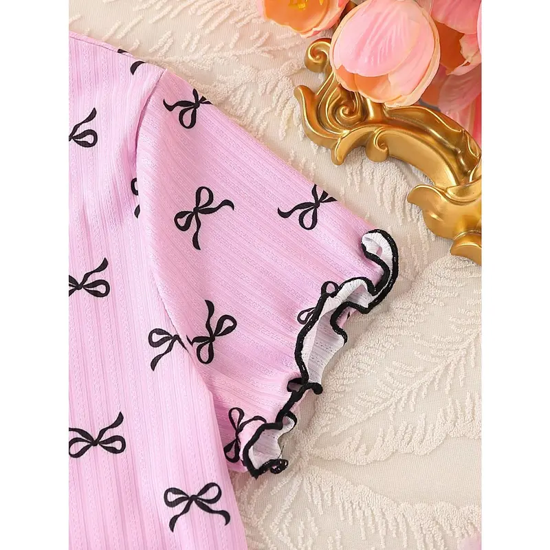 Tween Girl 2pcs Set Cute Butterfly Print Short Sleeve Top And Shorts Pajama Set, Home Wear 3