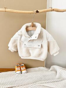 Baby's Patchwork Button Front Polar Fleece Sweatshirt, Cozy Casual Long Sleeve Stand Collar Pullover for Nursery Fall & Winter, Infant Toddler Kids Clothes, Baby Clothing, Tops