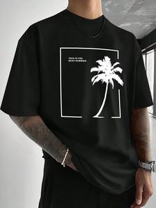 Men's Letter & Palm Tree Print Round Neck Tee, Loose Casual Short Sleeve Crew Neck T-Shirt for Summer, Fashion Men's Top for Daily Wear