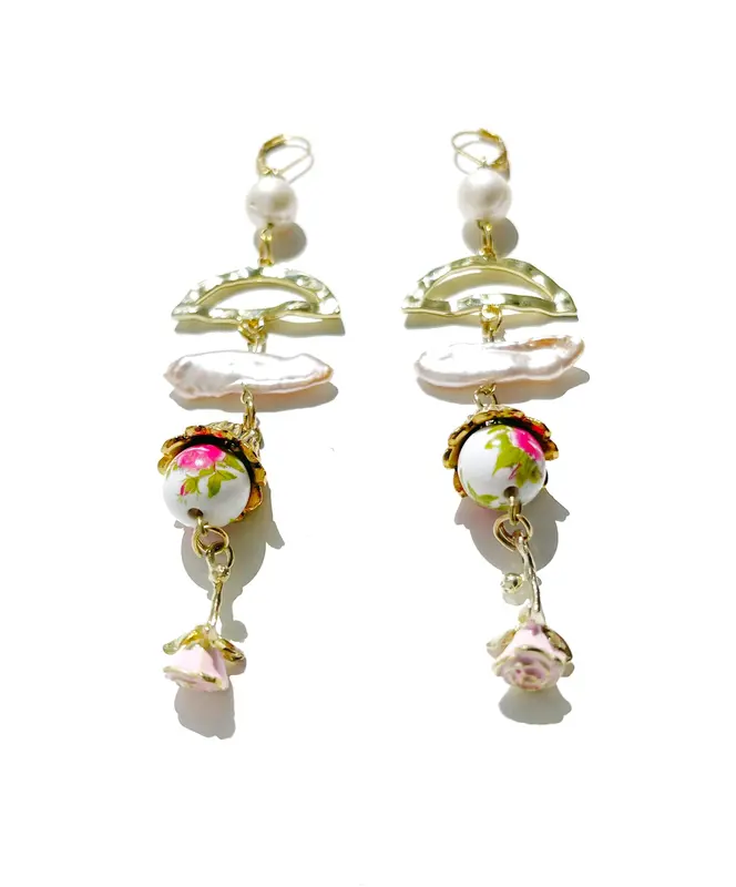 Pearl drop earrings with rose flower charm, white freshwater pearl dangle earrings, statement earrings, summer earrings 7