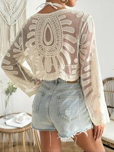 Women's Floral Embroidery Semi-sheer Scallop Trim Cover Up, Casual Long Sleeve Round Neck Cover Up for Beach Vacation, Ladies Clothes for All Seasons