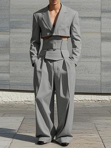 Men's Solid Cropped Waistband Design Suit & Wide Leg Pant Sets, Loose Casual Lapel Long Sleeve Blazer & Trousers for All Season, Fashion Men's Two Pieces Outfit for Daily Wear, Clothes