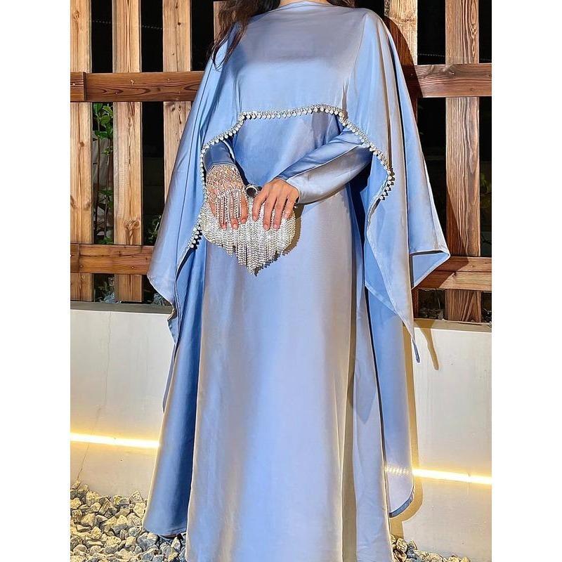 2025 Ramadan Promotion Two- piece Satin cape elegant dress , occasion abaya , Modest dress with pearl and crystal 5