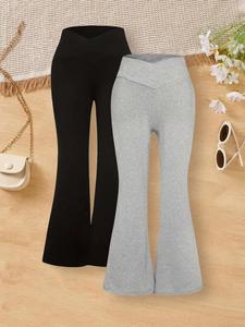 Girl's Solid Rib Flares Leg Pants, Casual Comfy V Waist Trousers for Daily Wear, Kids Bottoms for All Seasons, Soft Sweatpants