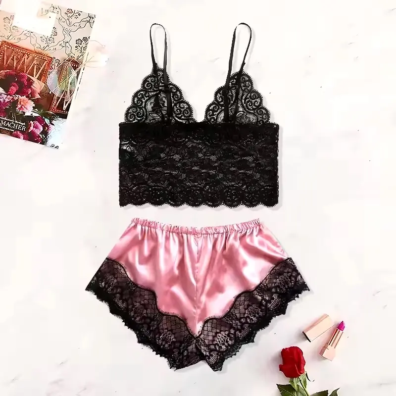 Sexy Summer 2 Pcs Women's New Sexy Lace See-Through Pajamas Black Pink Cute Clothes Comfortable Breathable Loungewear Nightwear Womenswear Gamis Hip Short Sleeveless Homewear Fit Elegance Overall Piece Style Pjs 1