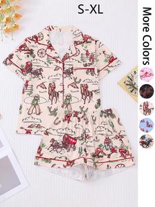 Women's All Over Cowboy Print Lapel Shirt & Shorts Pajama Two-piece Set, Casual Comfy Short Sleeve Top & Shorts PJ Set, Ladies Summer Sleepwear, Loungewear