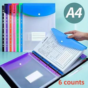 A4 Clear File Folder, 6 Counts/set High Capacity File Bag with 11 Holes Binding Ring, Portable Design File Storage Bag for School, Home, Office, Paper Organizers, Office Supplies, Files Organizer, Hard Plastic, Document Organizer