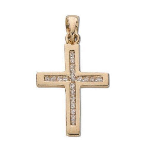 9ct Yellow Gold 0.15ct Diamond Cross Pendant Hallmarked Channel set Diamonds 1