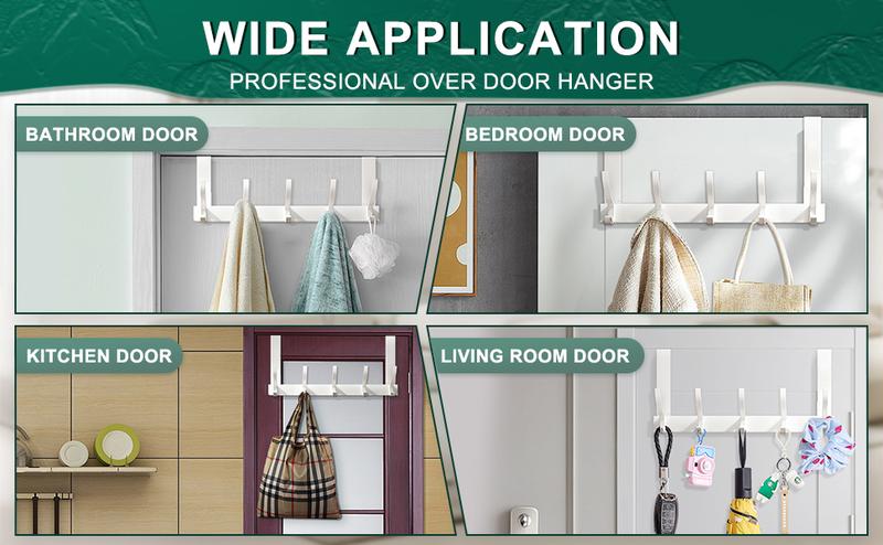 Product Introduction of Heavy Duty Over Door Hanger with 5 Hooks - Space-Saving Metal Door Hooks for Coats, Towels, Bags, and Keys - Easy Installation, Scratch-Resistant, Sturdy Design (White) 3