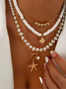 Boho Style Faux Pearl & Starfish & Shell Decor Necklace, Fashion Jewelry for Party, Daily Clothing Decor, Trendy All-match & Exquisite Jewelry for Birthday Gift, Necklace Set