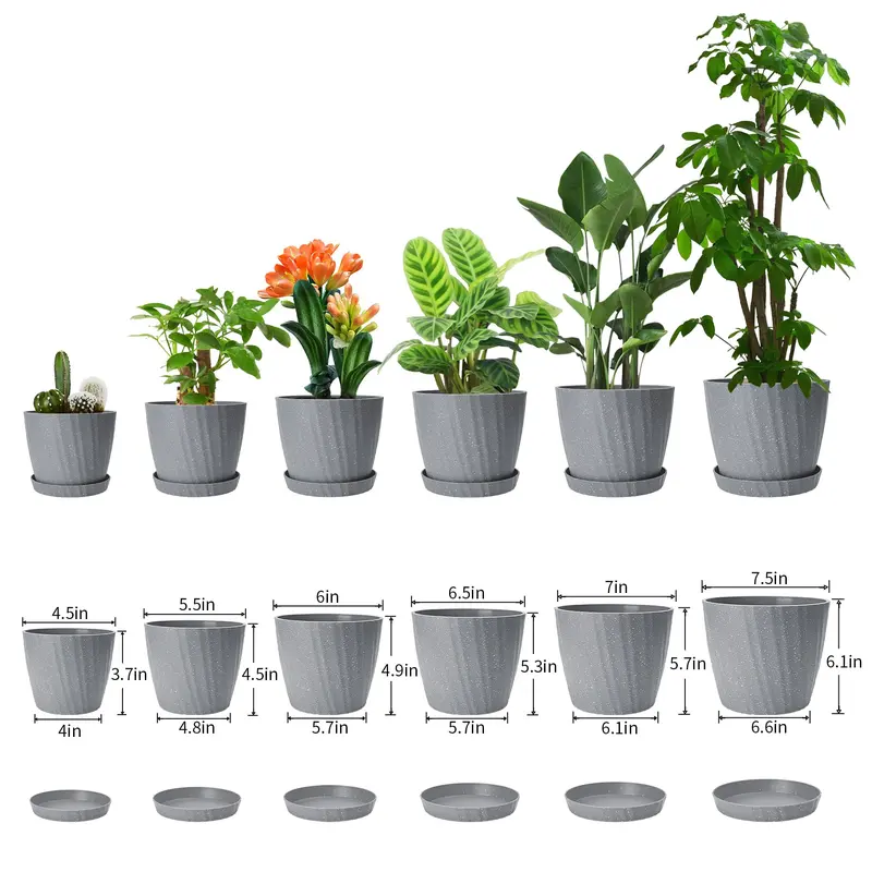 Plant Pots Indoor, 6Pack Plastic Plant Pots 19/17.5/16.5/15.5/14/11.5cm, Flower Pots Outdoor Self Watering Indoor Plant Pot with Drainage Holes and Tray, Plastic Planter for Garden House Plants(Grey) 1