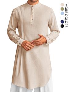 Men's Solid Button Front Pleated Shirt, Modest Casual Long Sleeve Mock Neck Tunic Shirt for Spring & Fall, Men's Clothing for Daily Wear, Going Out Tops