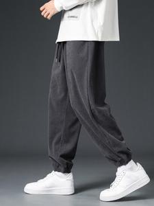 Men's Loose Letter Patched Pocket Drawstring Waist Corduroy Jogger Pants, Casual Comfy Trousers For Fall & Winter, Men's Bottoms For Daily Wear, National Day Clothing